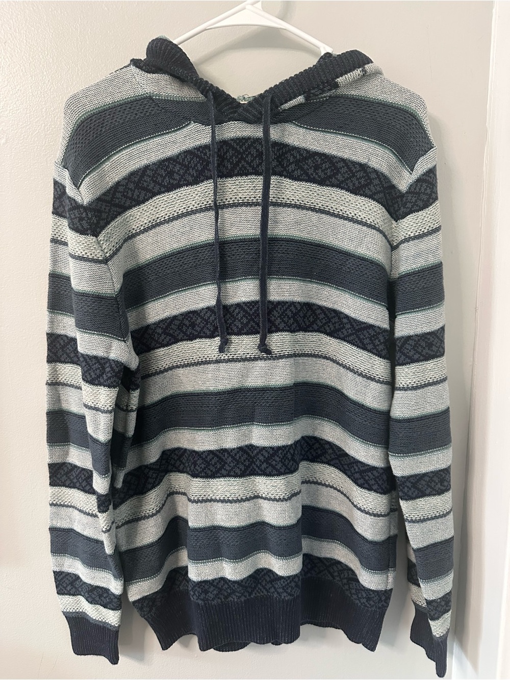 Sun + Stone Men's Striped Knit Pullover Hoodie Gray Navy Blue Size M